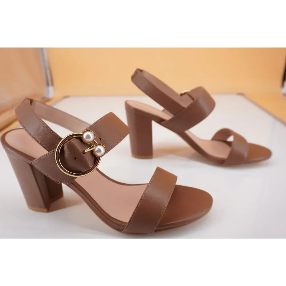 Stuart Weitzman Pearlring 75 mm Block Heel Buckle Sandal SZ 5.5 Camel NIB $495